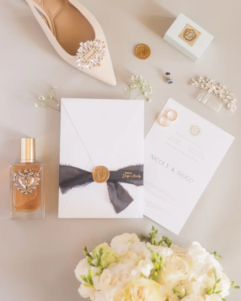 Flat-lay of bridal details at a wedding in the Greater Lisbon area
