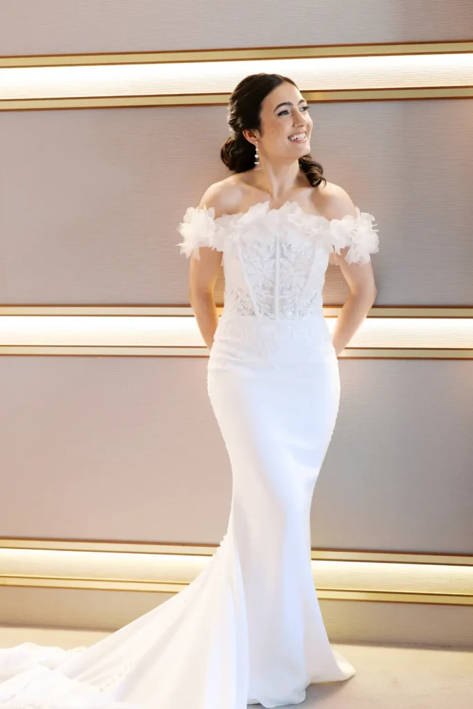 Elegant wedding portrait of a bride at Wine & Books Hotel, Lisbon.