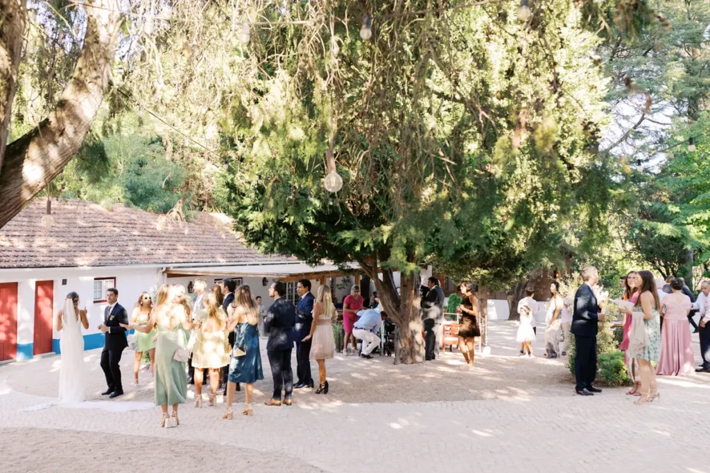 Convidados e noivos desfrutam do cocktail ao ar livre nos jardins da Quinta da Bichinha, sob a sombra de árvores seculares, captando um momento documental e descontraído.